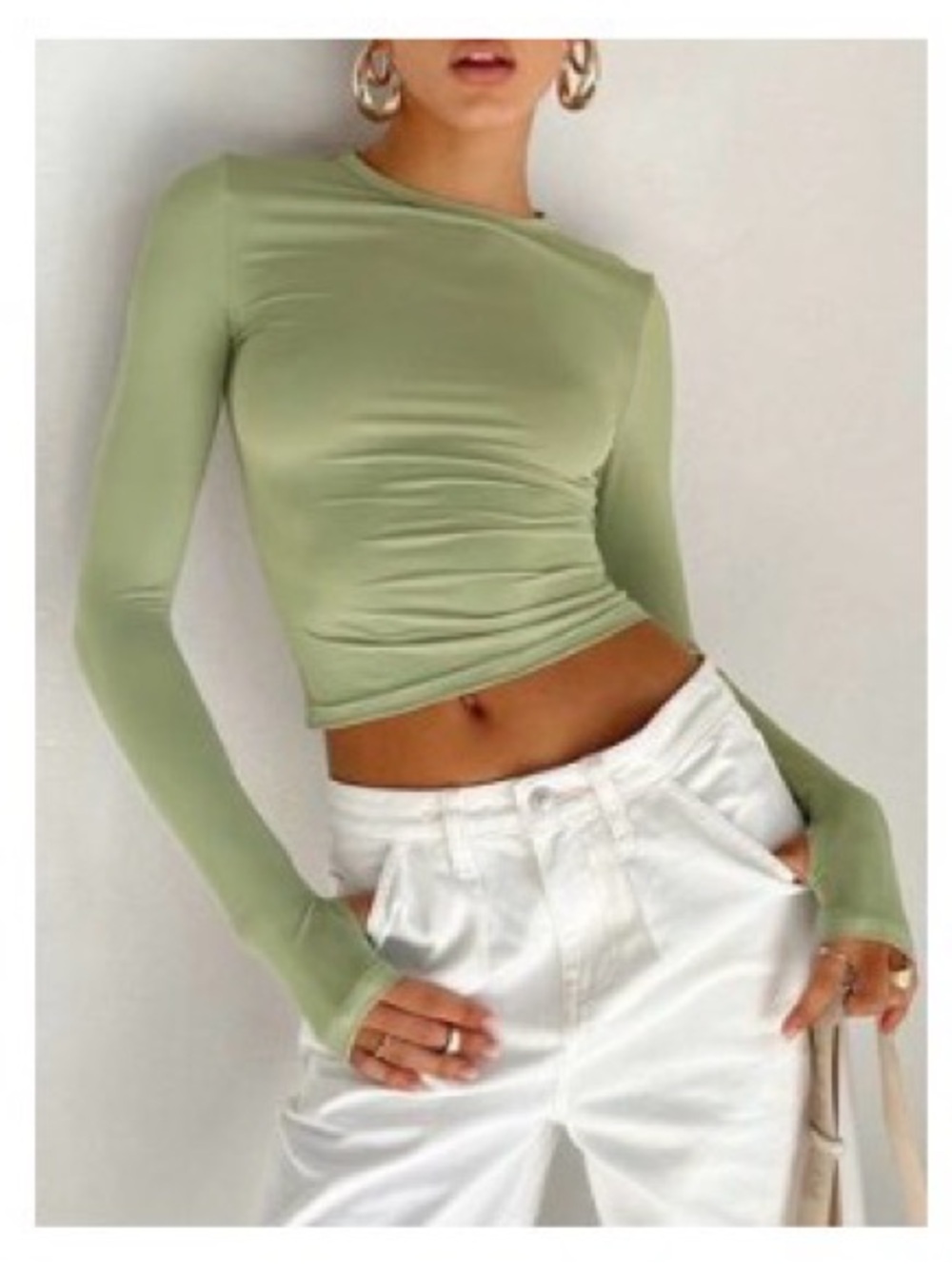 COMMENSE Women’s Long Sleeve Crop Crew Neck Top in Light Green